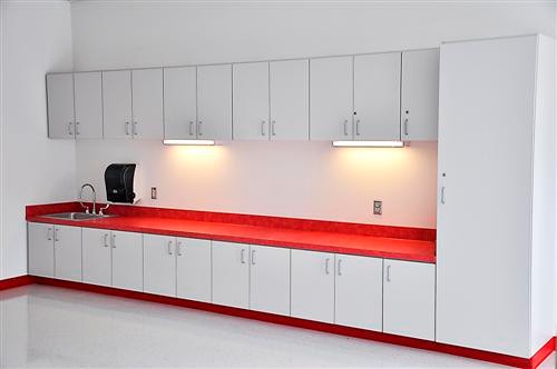 Classroom Laminate Wall Cabinetry and European Hinges with 4" Wire pulls with Cam Locks
