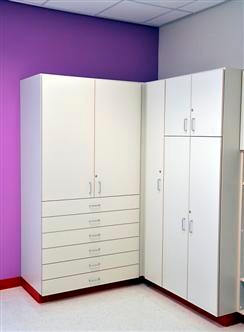 Left Side:  2 Door, 6 Drawer Laminate Storage Cabinet; Right Side:  Laminate Storage Cabinet with 4 Drawers