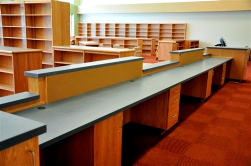 Red Oak with Corian Tops Media Center Circulation Desk and Bookshelves