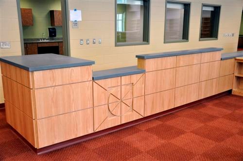 Red Oak Media Center Circulation Desk with Reveals 