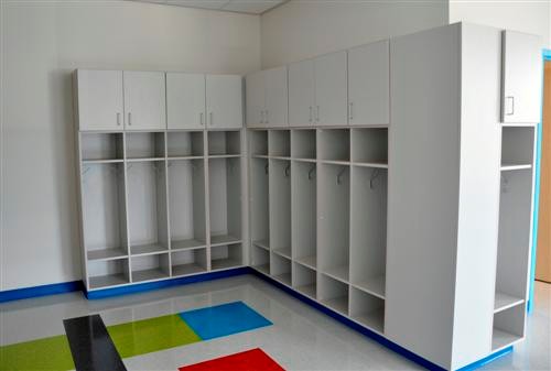 Laminate Corner Classroom Coat Storage Cubbies and Bins 